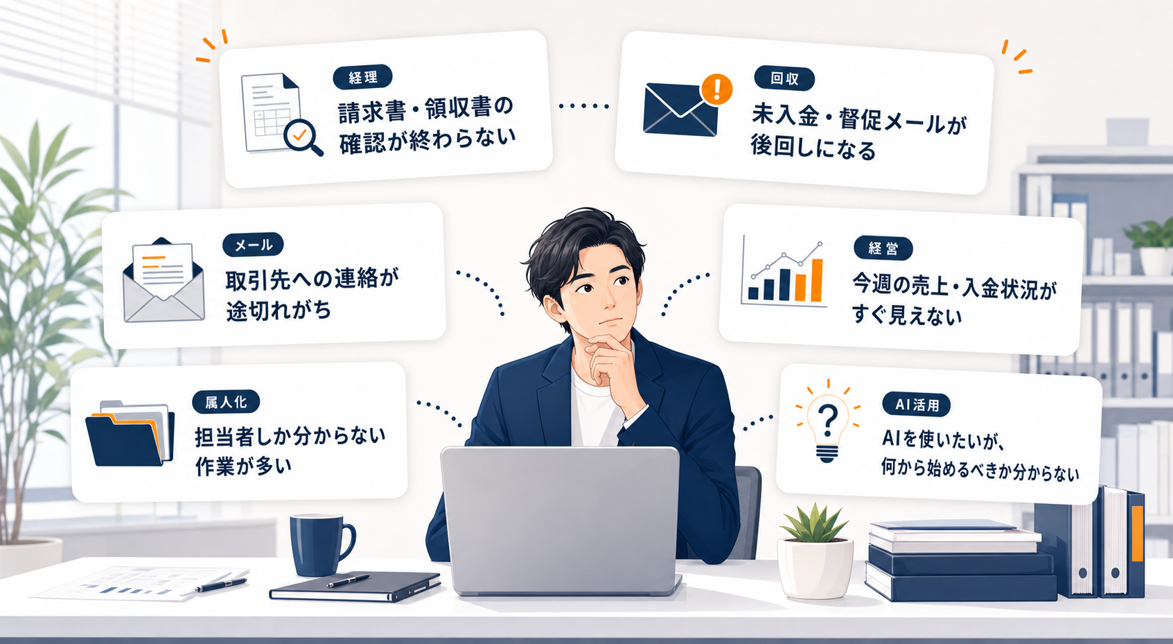 経営者の周囲に、請求書・領収書確認、未入金・督促メール、取引先連絡、売上・入金状況、属人化、AI活用の迷いが重なっている課題イラスト